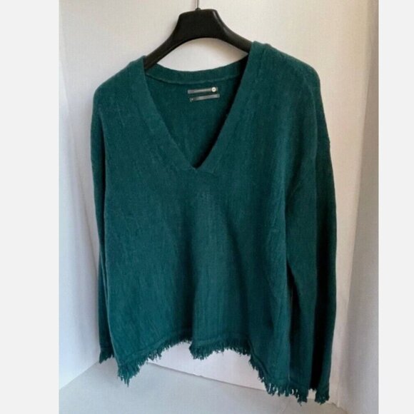 Anthropologie Wool Alpaca V-Neck Sweater Green Fringe Long Sleeve M - Picture 6 of 10